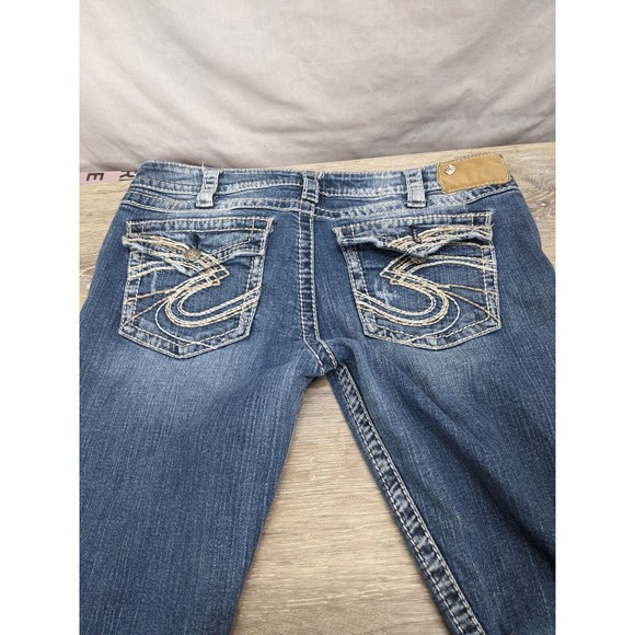 Silver Blue Jeans Pioneer Boot Cut Low Rise Dark Wash W 32 L 31 Distressed - Picture 8 of 12